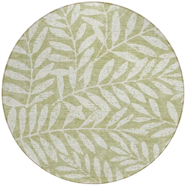 8' Artichoke Green And Ivory Round Floral Washable Indoor Outdoor Area Rug
