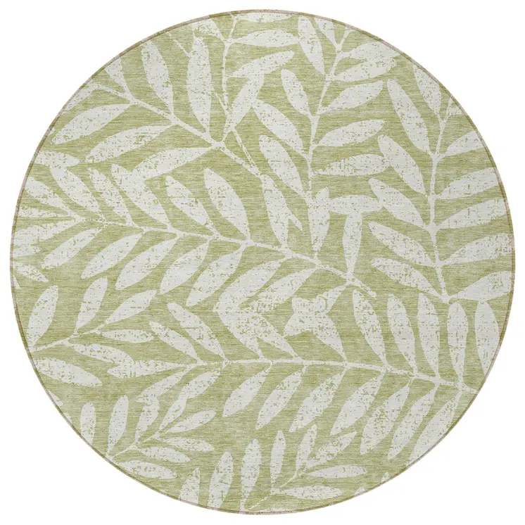 8' Artichoke Green And Ivory Round Floral Washable Indoor Outdoor Area Rug