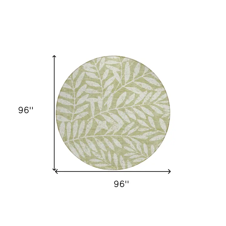 8' Artichoke Green And Ivory Round Floral Washable Indoor Outdoor Area Rug