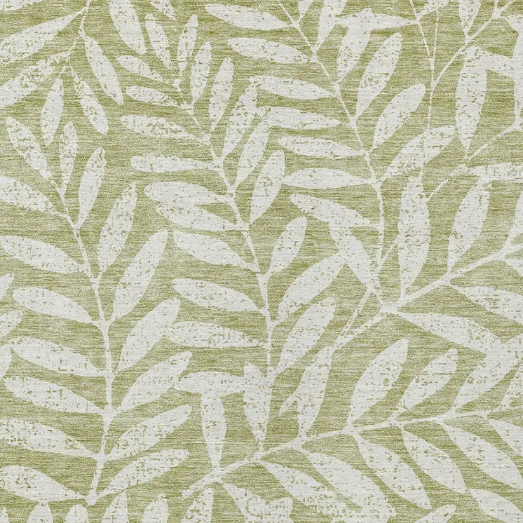9' X 12' Artichoke Green And Ivory Floral Washable Indoor Outdoor Area Rug