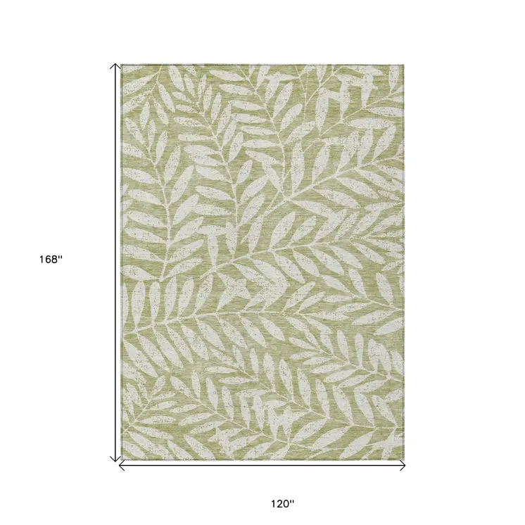 10' X 14' Artichoke Green And Ivory Floral Washable Indoor Outdoor Area Rug