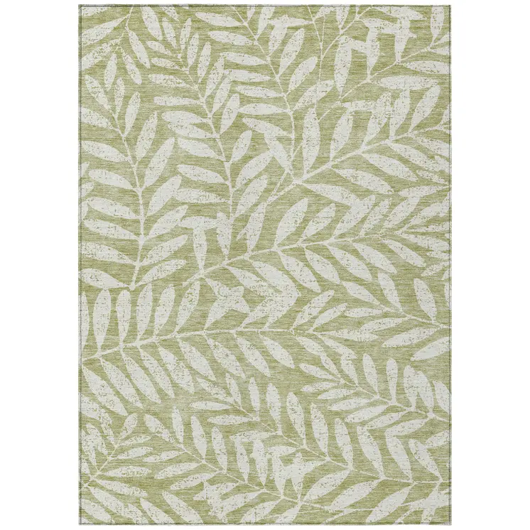 10' X 14' Artichoke Green And Ivory Floral Washable Indoor Outdoor Area Rug