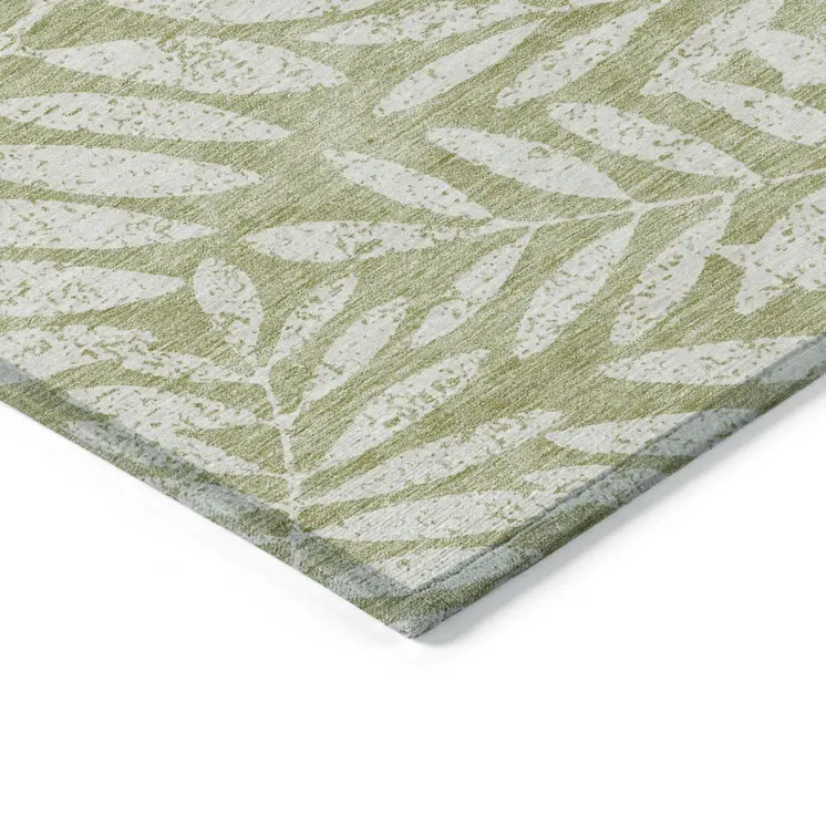 10' X 14' Artichoke Green And Ivory Floral Washable Indoor Outdoor Area Rug
