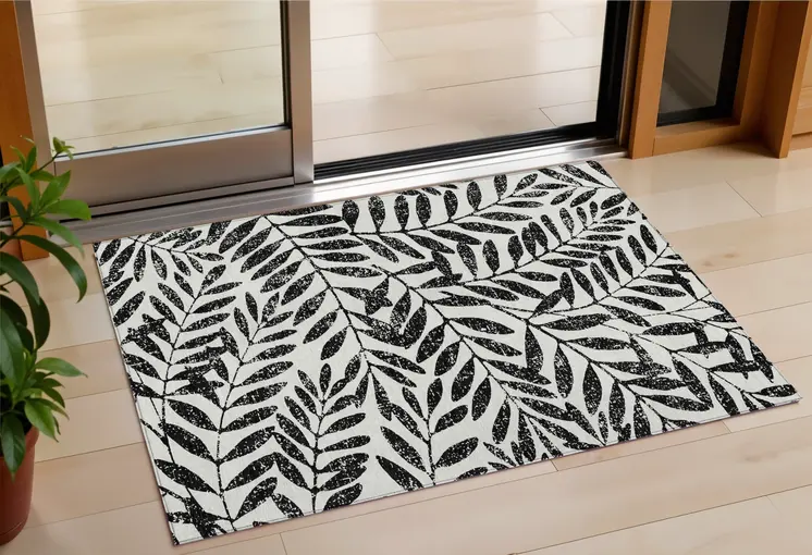 3' X 5' Black And Ivory Floral Washable Indoor Outdoor Area Rug
