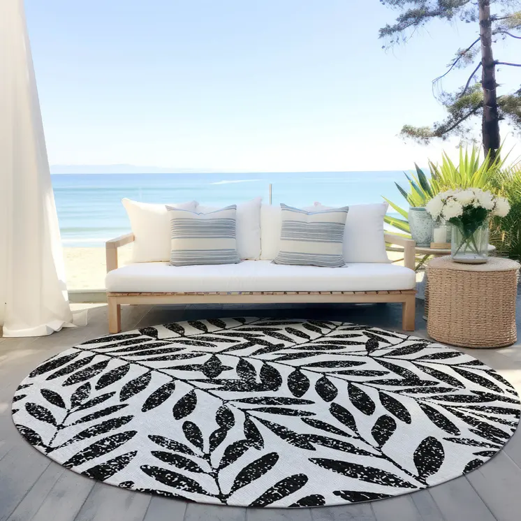 8' Black And Ivory Round Floral Washable Indoor Outdoor Area Rug