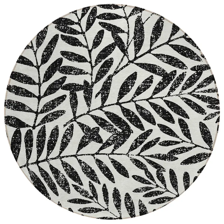 8' Black And Ivory Round Floral Washable Indoor Outdoor Area Rug