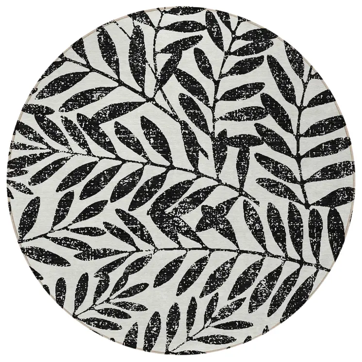 8' Black And Ivory Round Floral Washable Indoor Outdoor Area Rug
