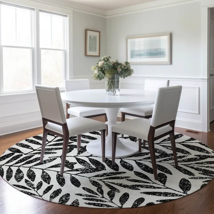 8' Black And Ivory Round Floral Washable Indoor Outdoor Area Rug