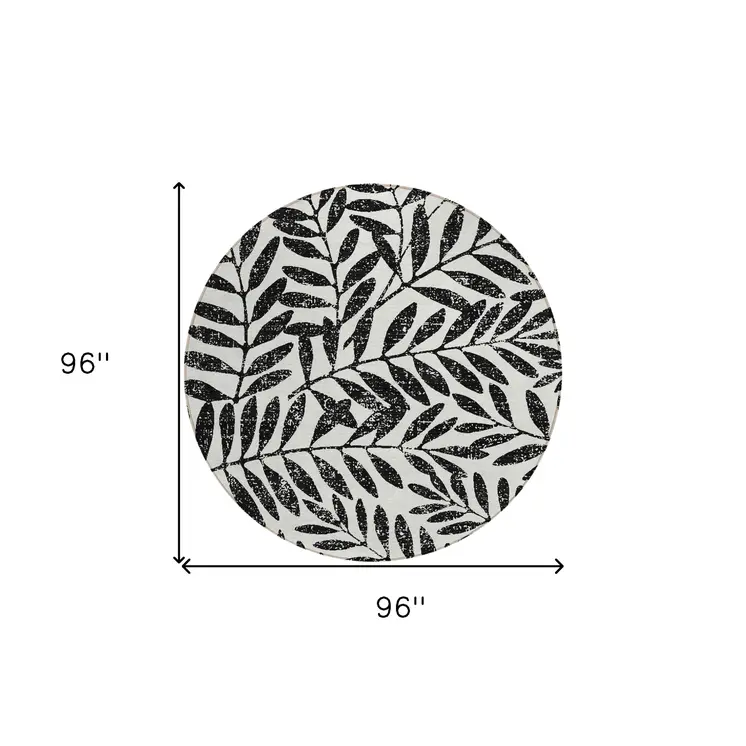 8' Black And Ivory Round Floral Washable Indoor Outdoor Area Rug