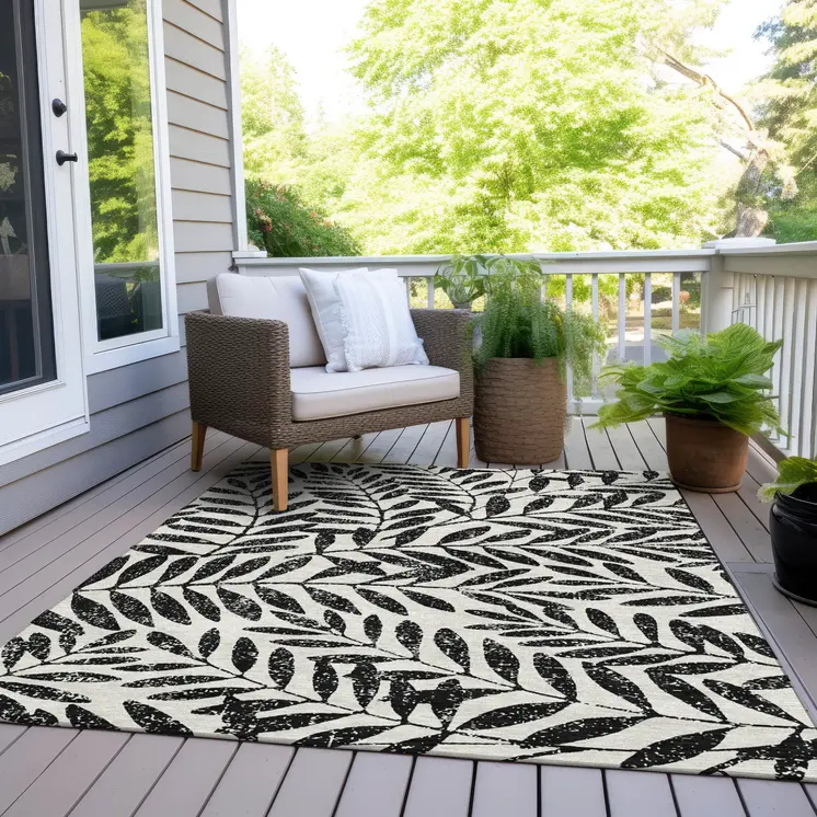 8' X 10' Black And Ivory Floral Washable Indoor Outdoor Area Rug