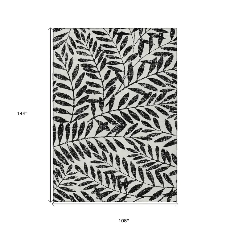 9' X 12' Black And Ivory Floral Washable Indoor Outdoor Area Rug