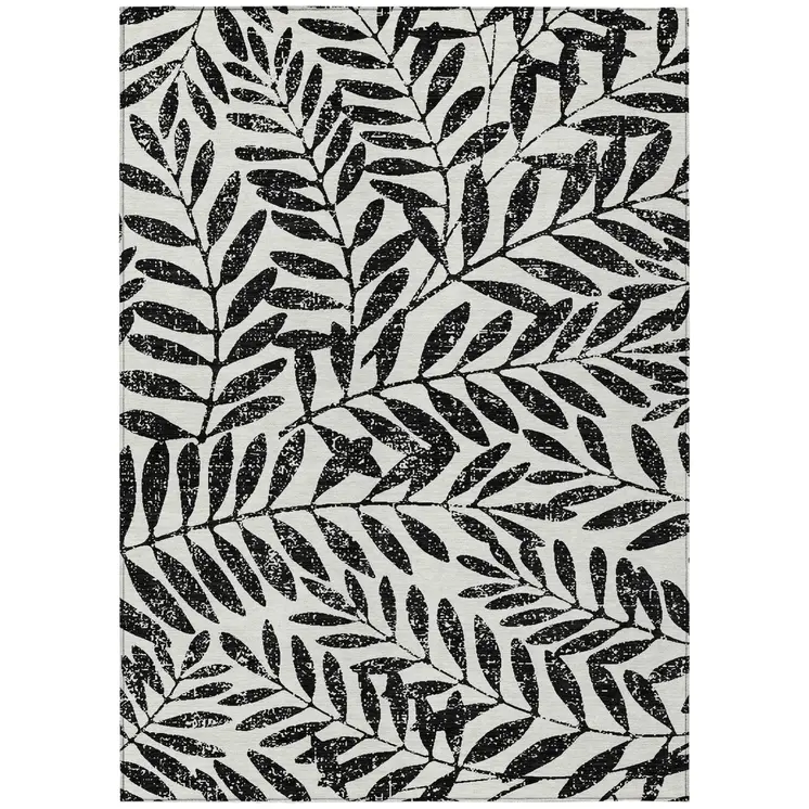 9' X 12' Black And Ivory Floral Washable Indoor Outdoor Area Rug