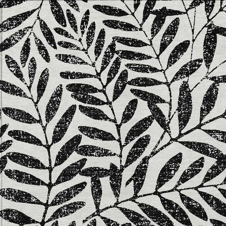 9' X 12' Black And Ivory Floral Washable Indoor Outdoor Area Rug