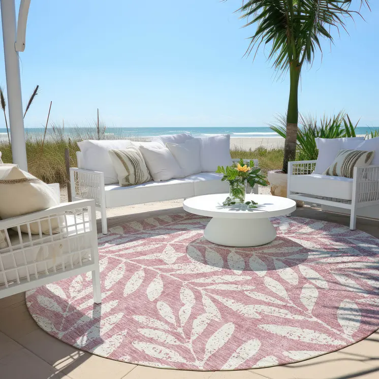 8' Blush And Ivory Round Floral Washable Indoor Outdoor Area Rug