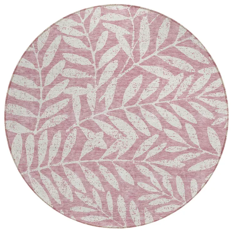 8' Blush And Ivory Round Floral Washable Indoor Outdoor Area Rug