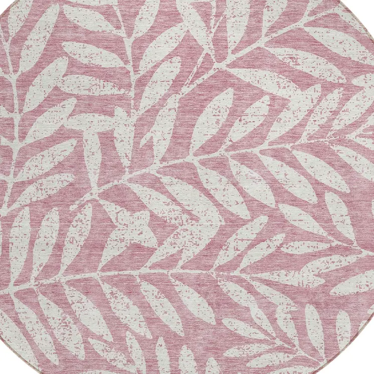 8' Blush And Ivory Round Floral Washable Indoor Outdoor Area Rug