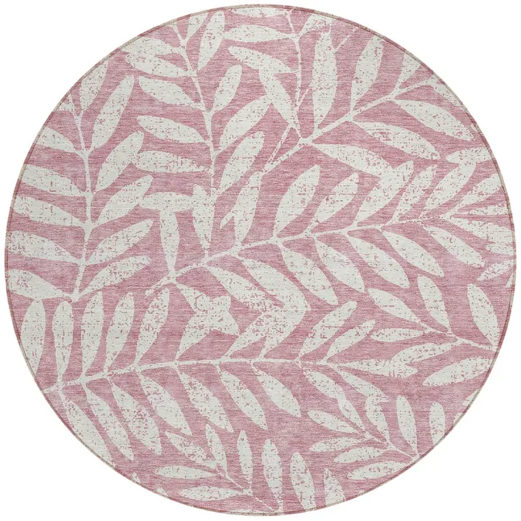 8' Blush And Ivory Round Floral Washable Indoor Outdoor Area Rug