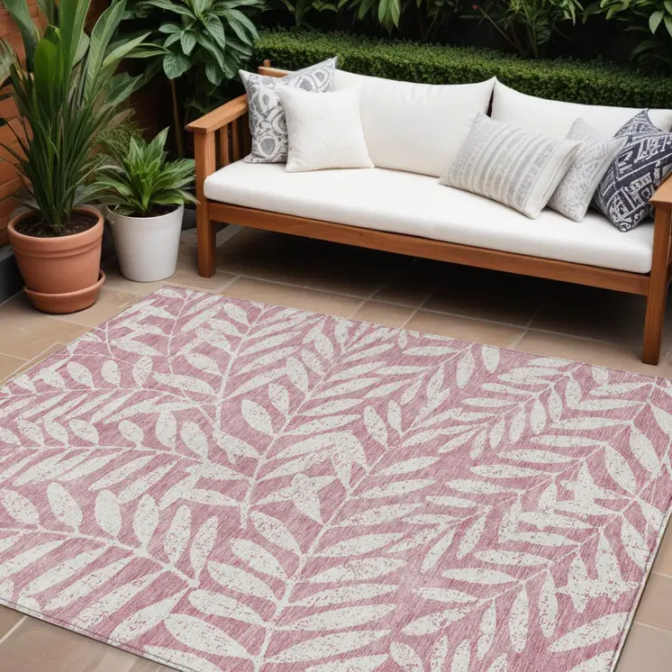 9' X 12' Blush And Ivory Floral Washable Indoor Outdoor Area Rug