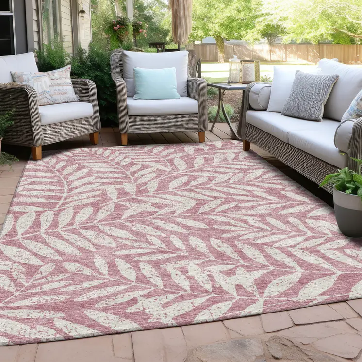 9' X 12' Blush And Ivory Floral Washable Indoor Outdoor Area Rug