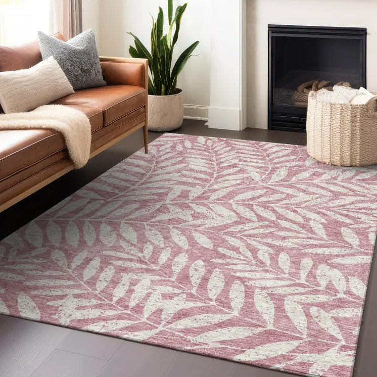 9' X 12' Blush And Ivory Floral Washable Indoor Outdoor Area Rug
