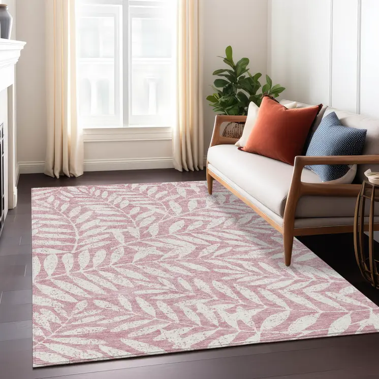 9' X 12' Blush And Ivory Floral Washable Indoor Outdoor Area Rug