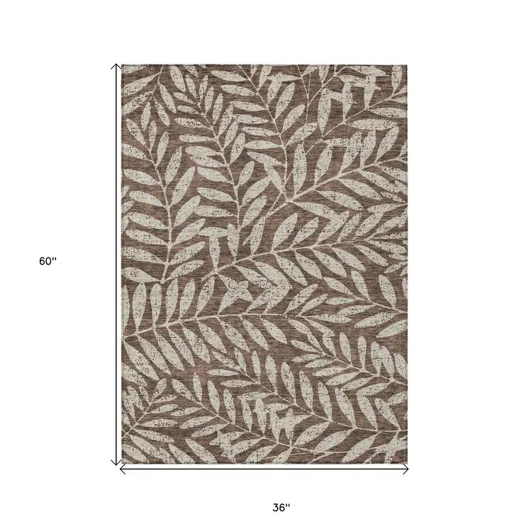 3' X 5' Brown And Beige Floral Washable Indoor Outdoor Area Rug