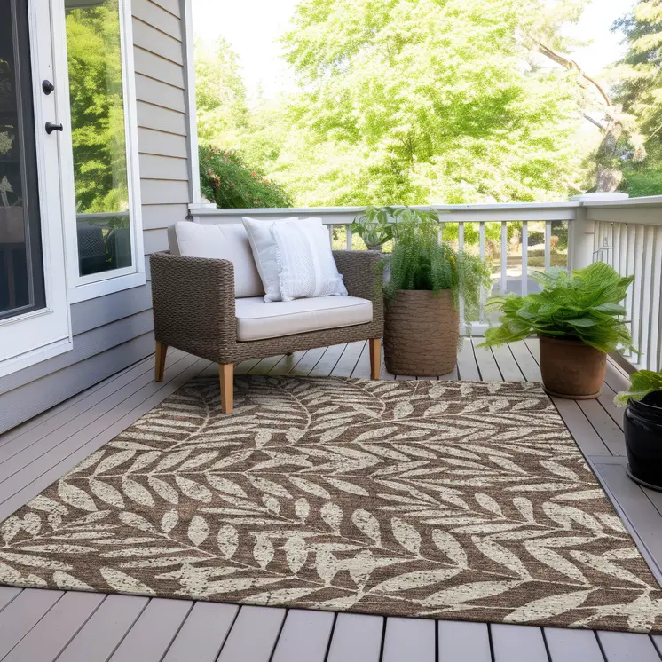 3' X 5' Brown And Beige Floral Washable Indoor Outdoor Area Rug