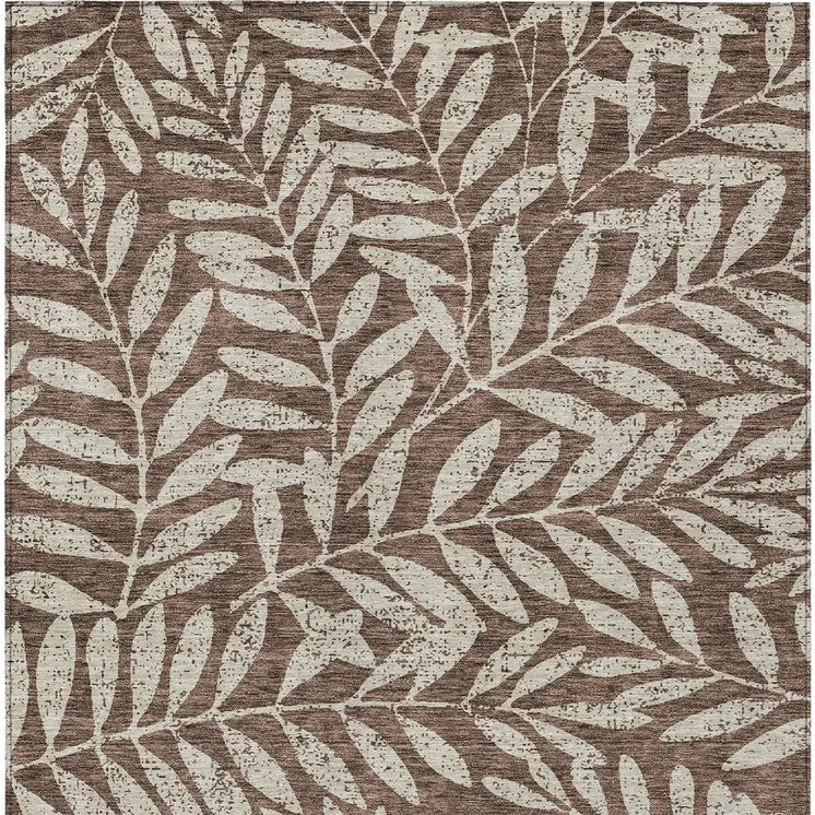 9' X 12' Brown And Beige Floral Washable Indoor Outdoor Area Rug