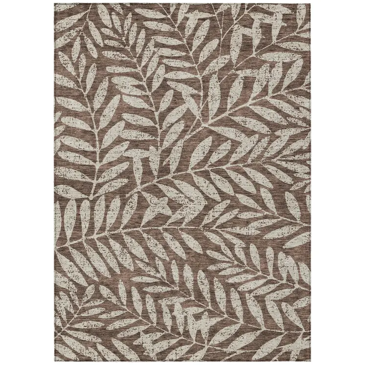 9' X 12' Brown And Beige Floral Washable Indoor Outdoor Area Rug