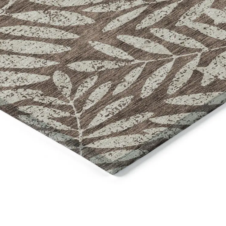 9' X 12' Brown And Beige Floral Washable Indoor Outdoor Area Rug