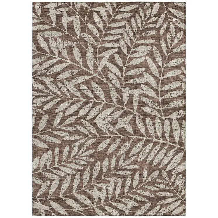10' X 14' Brown And Beige Floral Washable Indoor Outdoor Area Rug