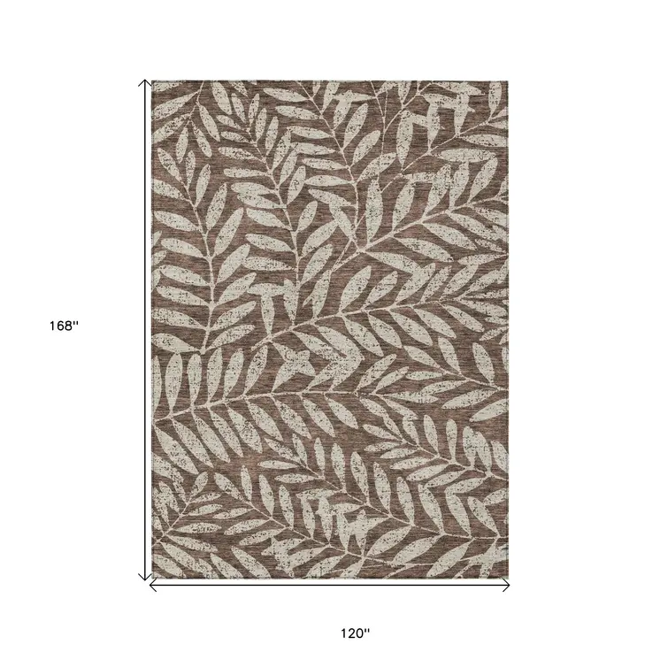 10' X 14' Brown And Beige Floral Washable Indoor Outdoor Area Rug