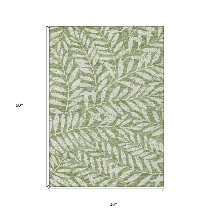 3' X 5' Green And Ivory Floral Washable Indoor Outdoor Area Rug