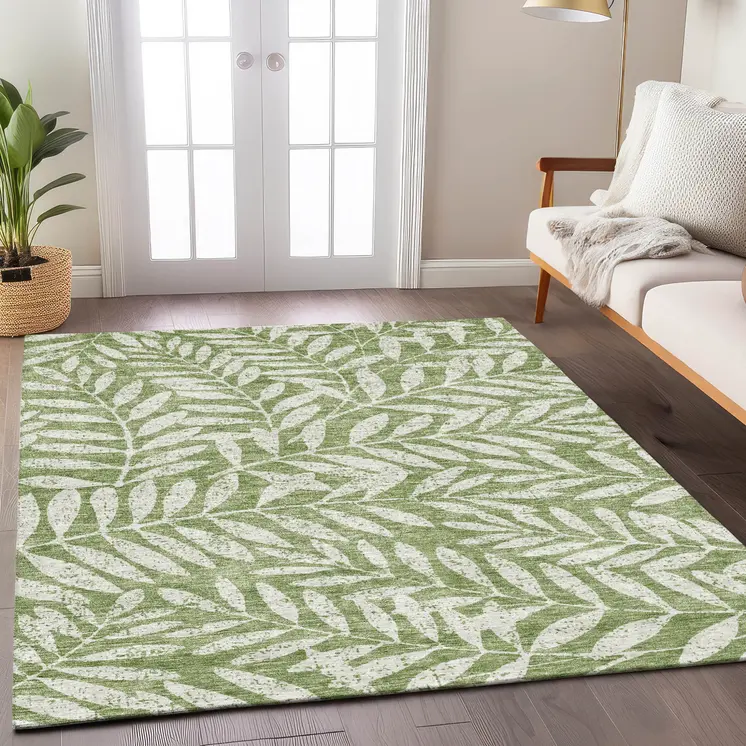 3' X 5' Green And Ivory Floral Washable Indoor Outdoor Area Rug
