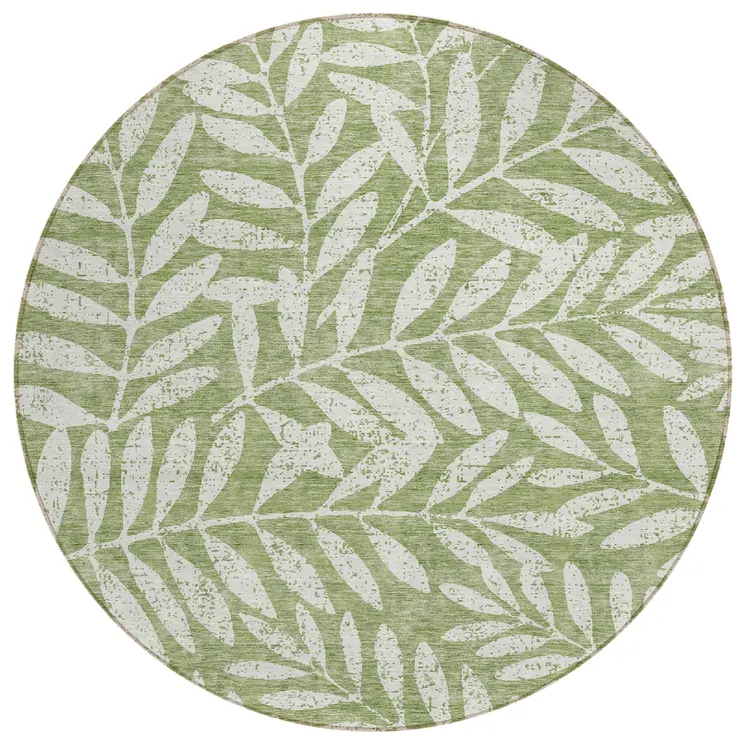 8' Green And Ivory Round Floral Washable Indoor Outdoor Area Rug