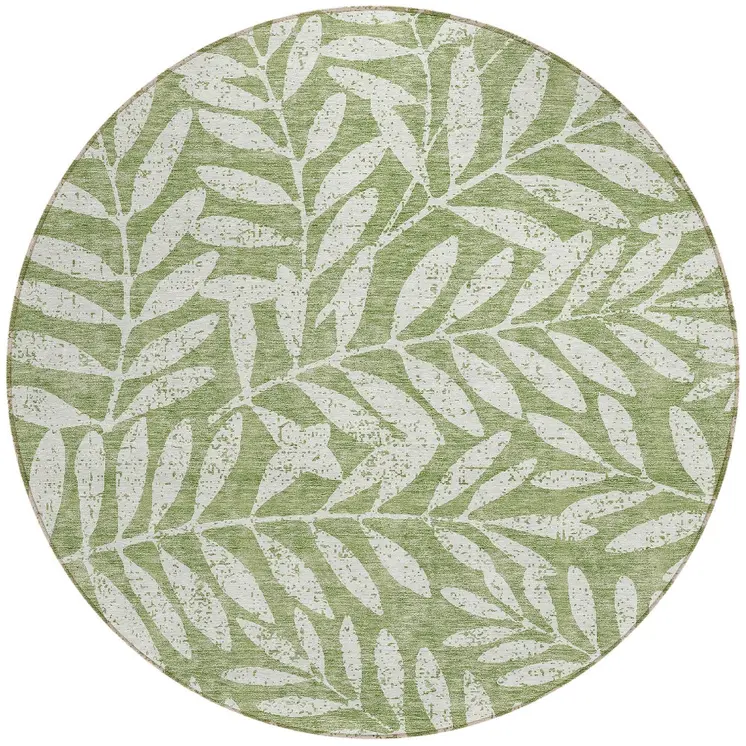 8' Green And Ivory Round Floral Washable Indoor Outdoor Area Rug
