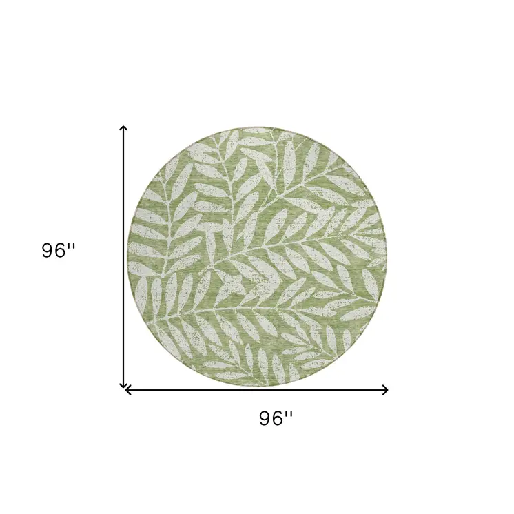 8' Green And Ivory Round Floral Washable Indoor Outdoor Area Rug