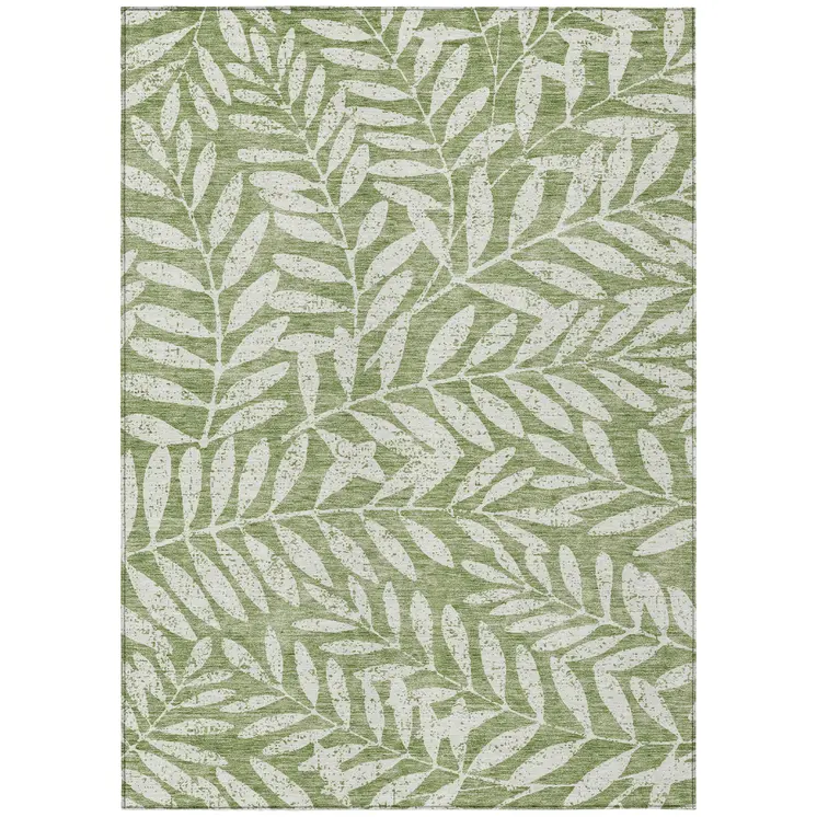 9' X 12' Green And Ivory Floral Washable Indoor Outdoor Area Rug