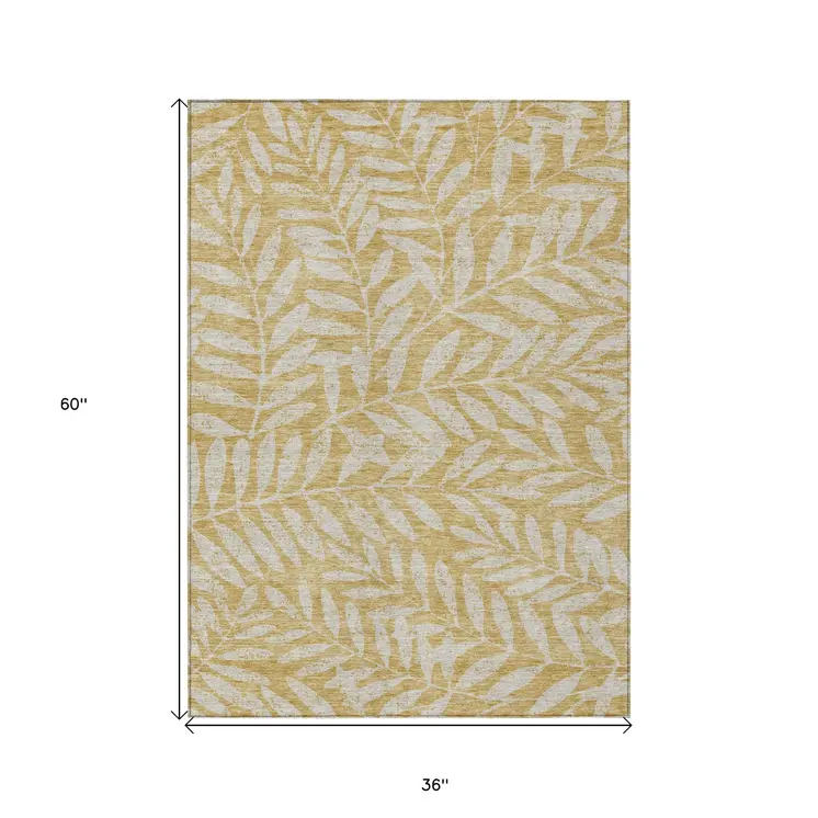 3' X 5' Gold And Gray Floral Washable Indoor Outdoor Area Rug
