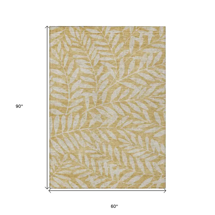 5' X 8' Gold And Gray Floral Washable Indoor Outdoor Area Rug