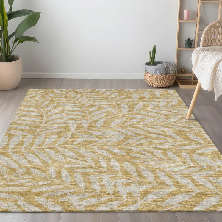 5' X 8' Gold And Gray Floral Washable Indoor Outdoor Area Rug