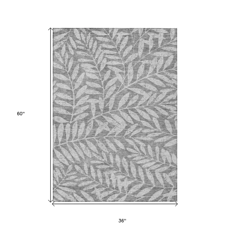 3' X 5' Gray And Light Gray Floral Washable Indoor Outdoor Area Rug