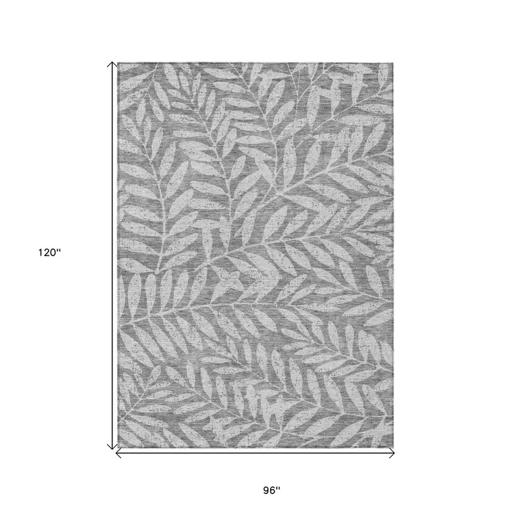 8' X 10' Gray And Light Gray Floral Washable Indoor Outdoor Area Rug
