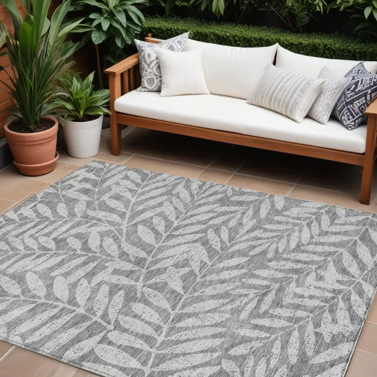 8' X 10' Gray And Light Gray Floral Washable Indoor Outdoor Area Rug
