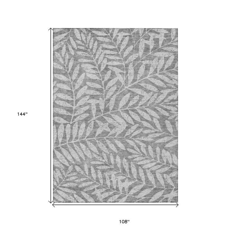 9' X 12' Gray And Light Gray Floral Washable Indoor Outdoor Area Rug