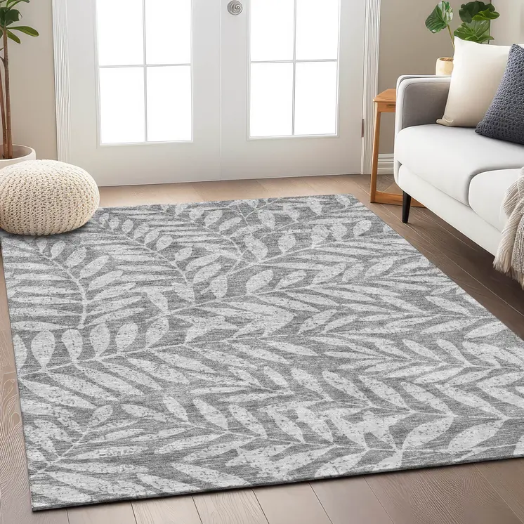 10' X 14' Gray And Light Gray Floral Washable Indoor Outdoor Area Rug