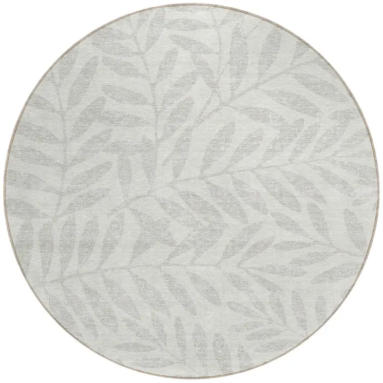 8' Ivory And Gray Round Floral Washable Indoor Outdoor Area Rug