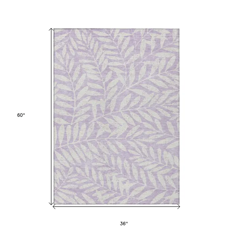3' X 5' Lavender And Ivory Floral Washable Indoor Outdoor Area Rug