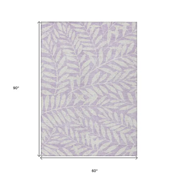 5' X 8' Lavender And Ivory Floral Washable Indoor Outdoor Area Rug