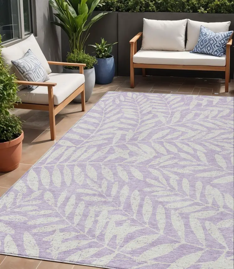 5' X 8' Lavender And Ivory Floral Washable Indoor Outdoor Area Rug